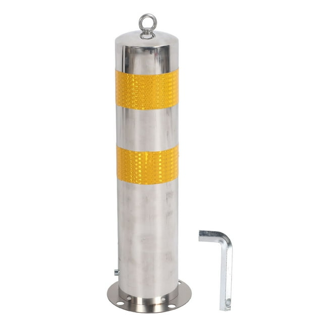 Poste de seguridad de acero inoxidable de 55 cm para estacionamiento con banda reflectante amarilla para carretera.