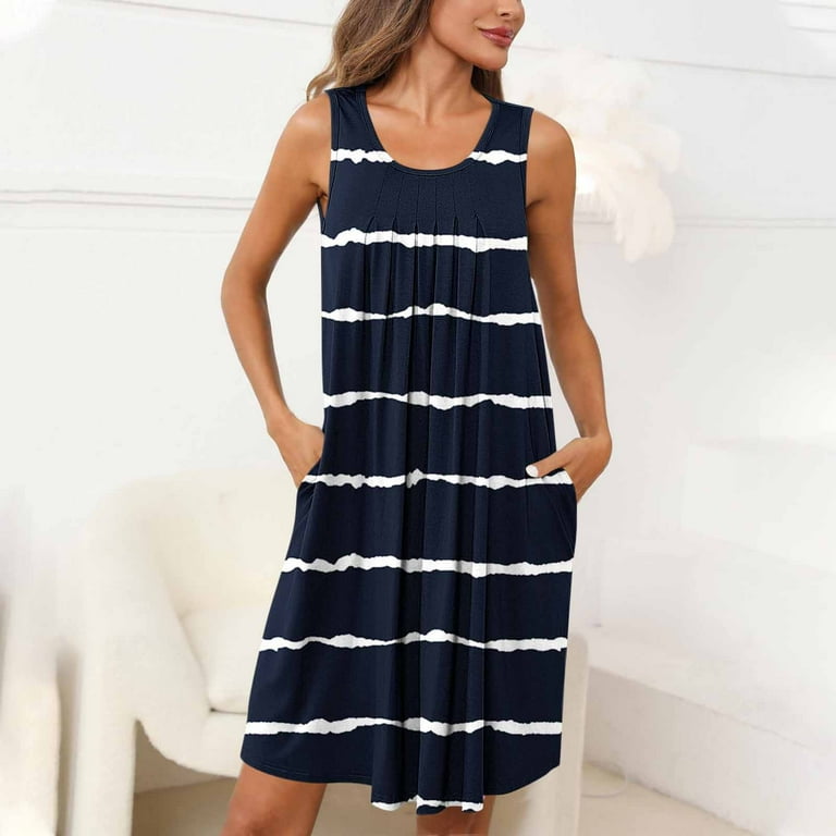 Npasoilc Summer Dresses for Women Casual Tank Dress Sleeveless Knee Length Nightdress Pleated Front Crew Neck Sun Dresses Nightgown with Pockets