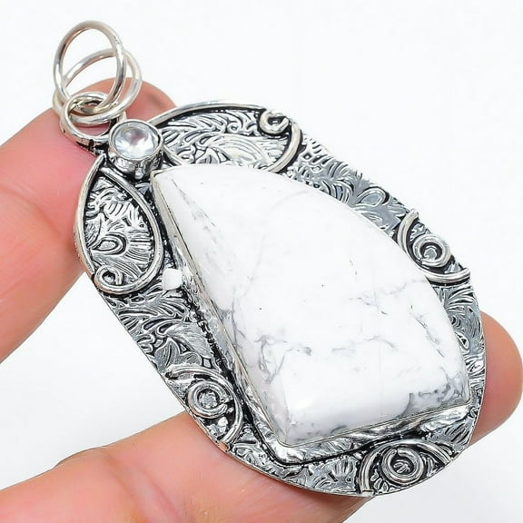 Howlite Jasper, White Topaz 925 Sterling Silver Jewelry Pendant 2.76"