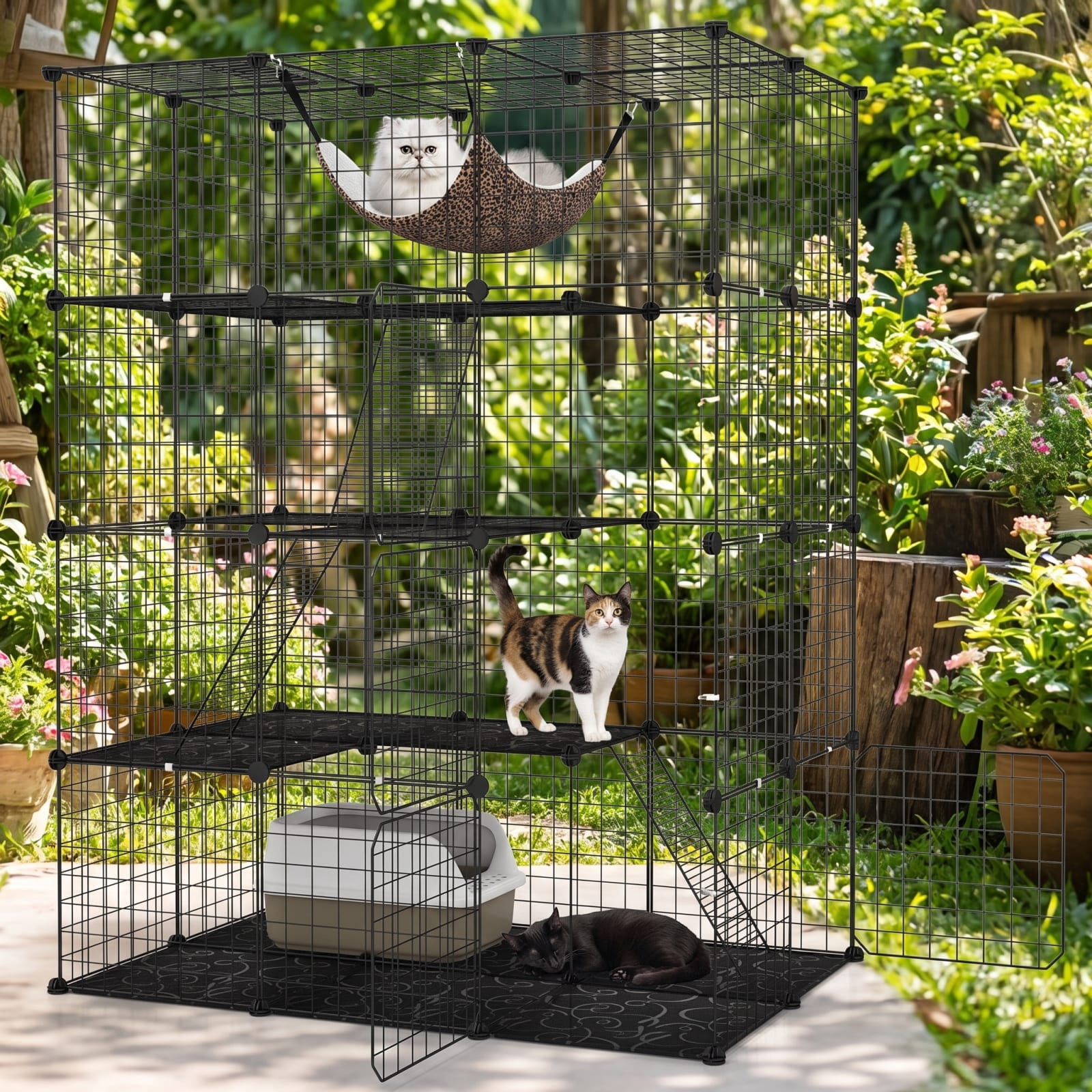 Vebreda Large 4-Tier Cat Cage with Skylight and Hammock for 1-4 Cats, Metal Wire Pet Playpen with Ladders, Lockable Doors and Anti-Tip Kit, Black