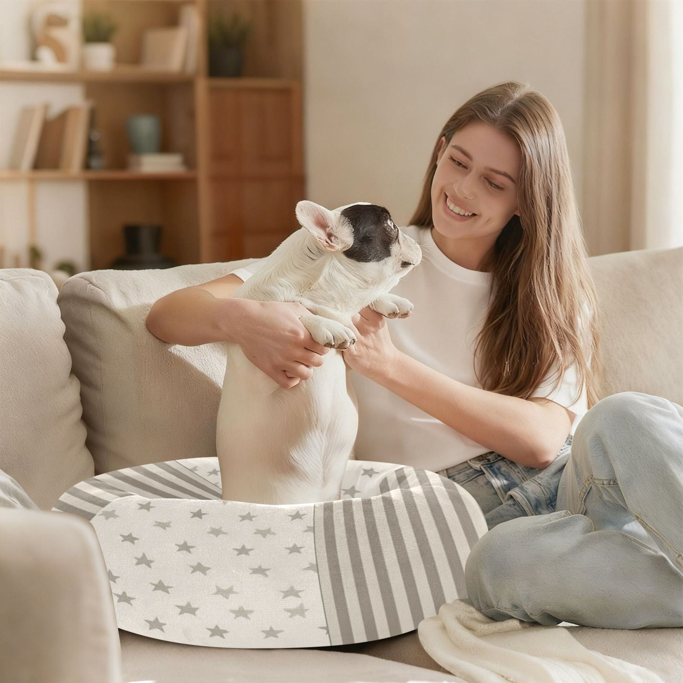 Iauyy Pet Couch Donut Cat Bed for Indoor Cats/Small Dogs Washable & Machine with Non-slip Bottom Calming Cat Furniture, Star-shaped and Striped (XS)