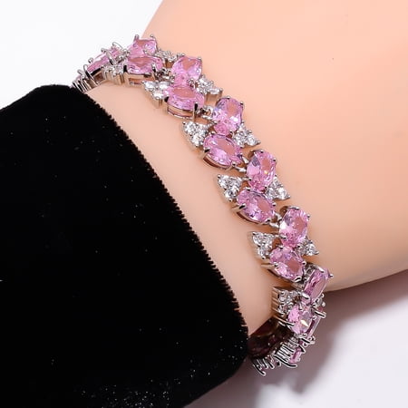 Pink Sapphire -Simulated, CZ 925 Sterling Silver Adjustable Bracelet 7-8" B0011
