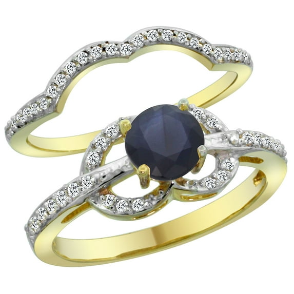 14K Yellow Gold Natural High Quality Blue Sapphire 2-piece Engagement Ring Set Round 6mm, size 9