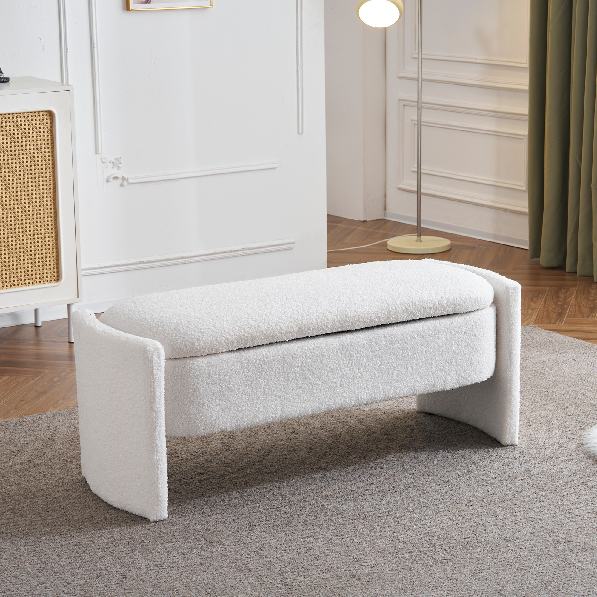 Aukfa 47.24" Oval Upholstered Storage Ottoman Bench, Boucle Fabric, Accent Bench for Living Room, Bedroom, or Entryway