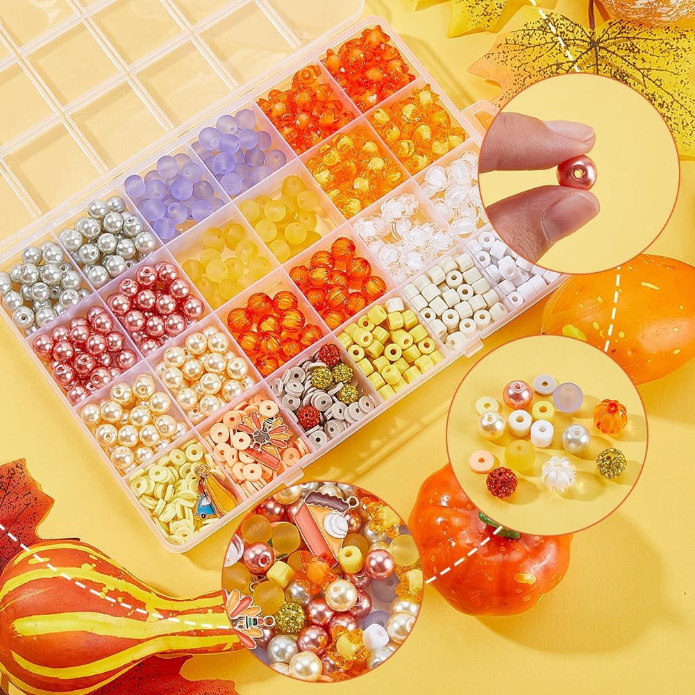 1 Box 530Pcs 8~9mm Thanksgiving Day Beads Holiday Glass Beads & 10Pcs Alloy Enamel Charms & 15g Clay Bead Fall Beads and Charms Findings Kits for Jewelry Making Supplies DIY Bracelet Necklace