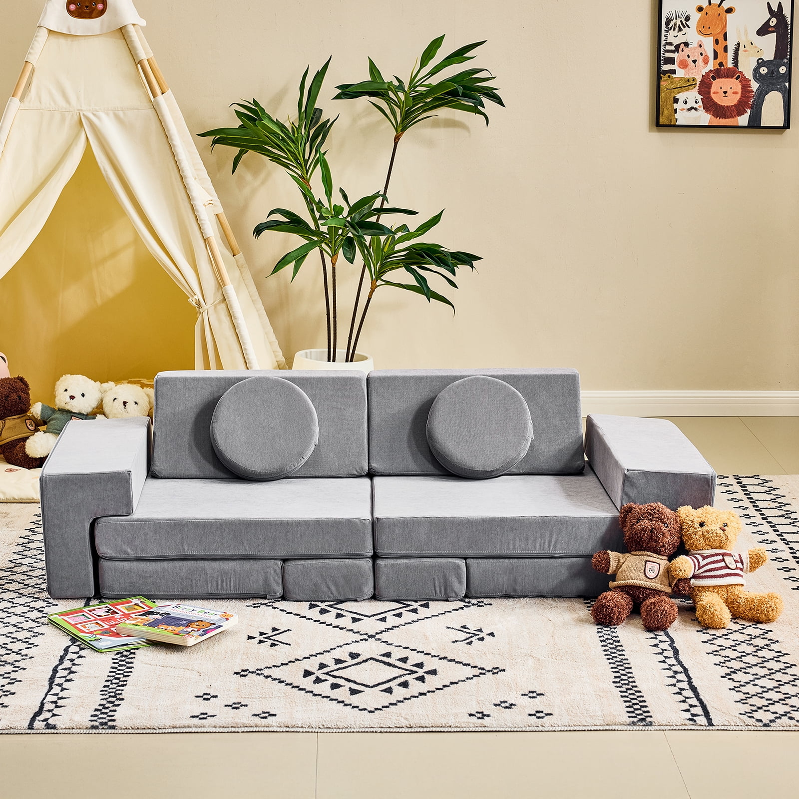14 PCS Modular Kids Play Couch, Convertible Foam Building Block Sofa Fort Play Set, Corduroy Detachable Floor Sofa for Toddlers Playroom Bedroom Living Room, Grey