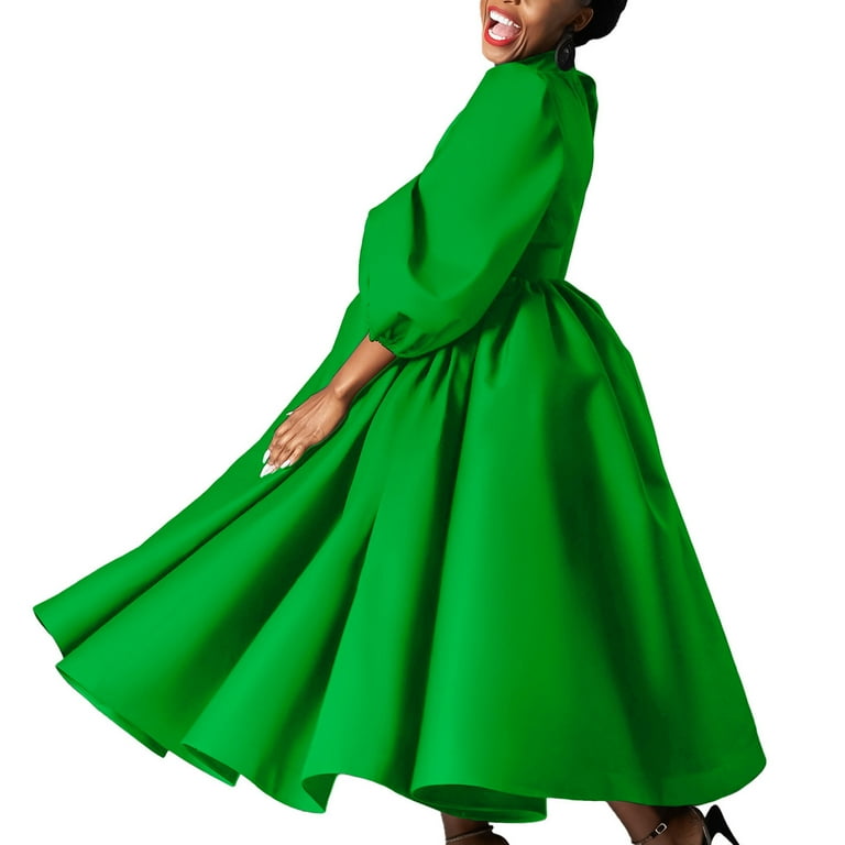FASESH Women's Puff Long Sleeve Maxi Dress High Waist Elegant a Line Flowy Cocktail Party Formal Dresses with Belt Green XL
