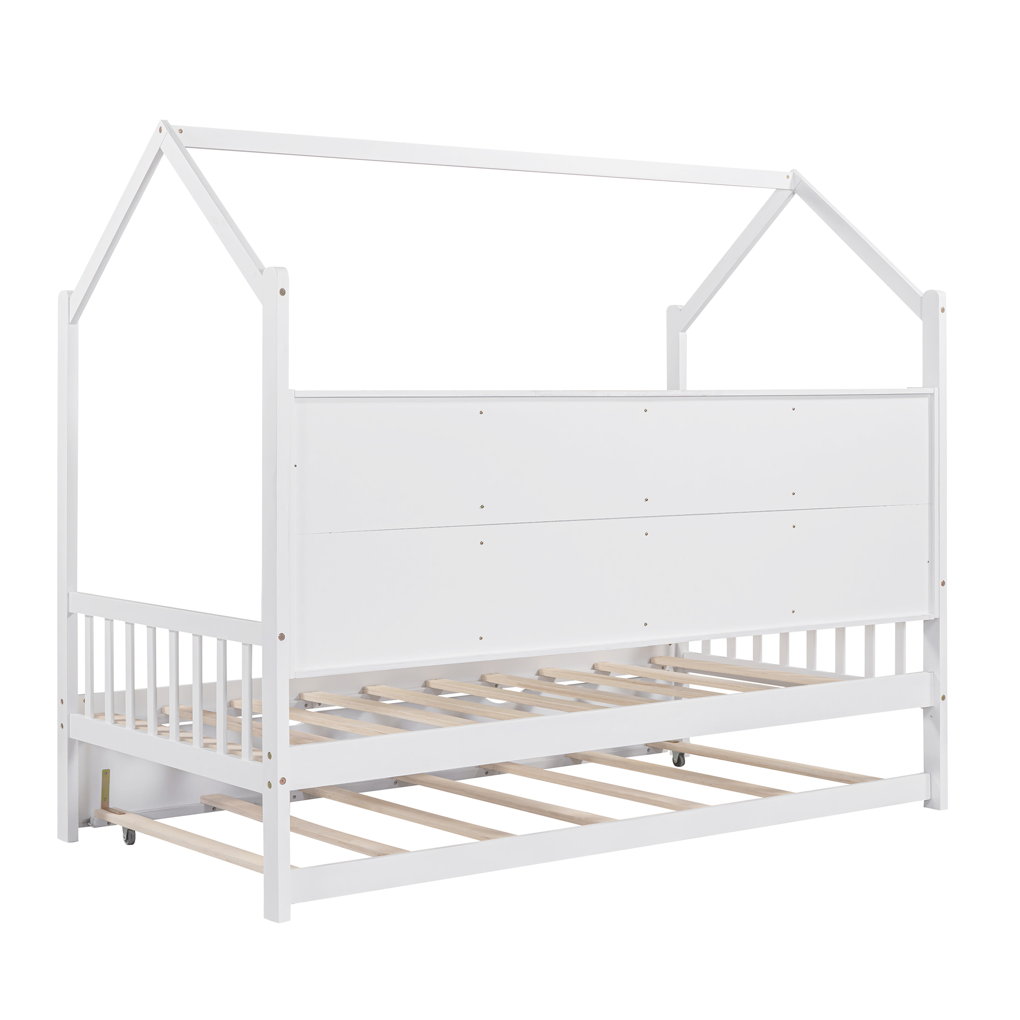 Euroco Wood Twin Size House Bed with Trundle, Platform Bed with Storage Shelves, White