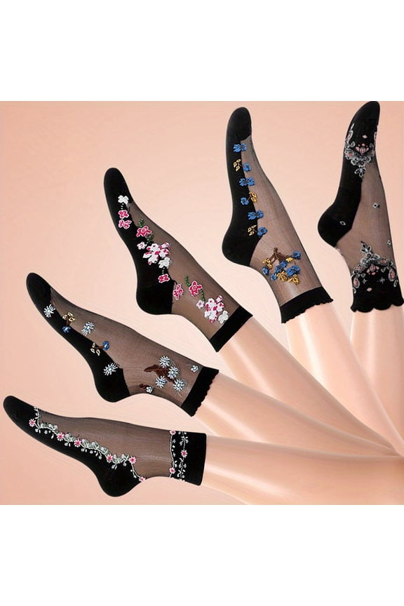 5 Packs Lace Socks for Women Sheer Mesh Transparent Ankle Sock Thin Fishnet See Through Embroidered Crew Socks Black One Size