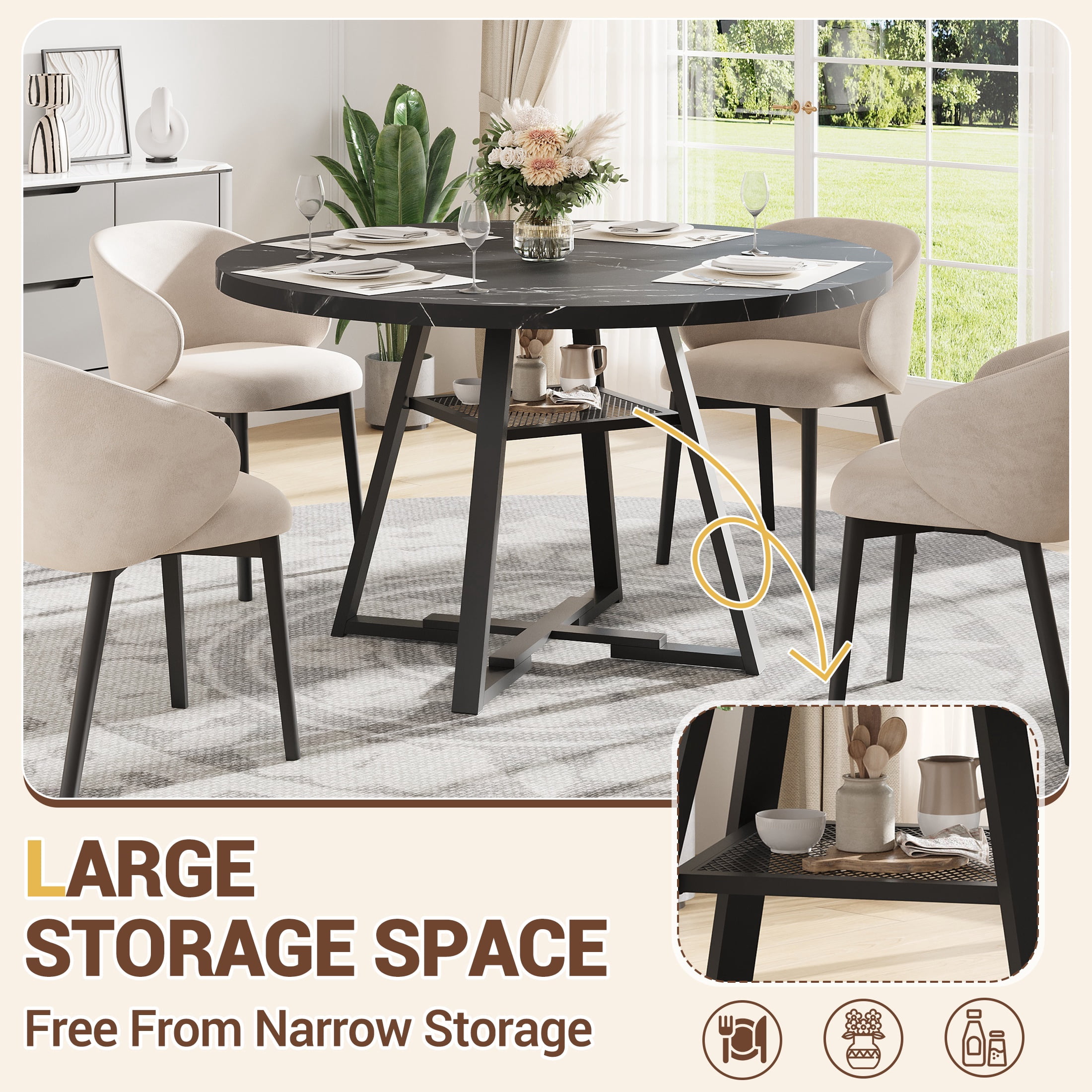 UHOMEPRO Round Kitchen Table for 4, Faux Marble Dining Table with Storage Shelf, Modern High Glossy Dining Room Table with Sturdy Cross-Shaped Base Support (Only Table), Black