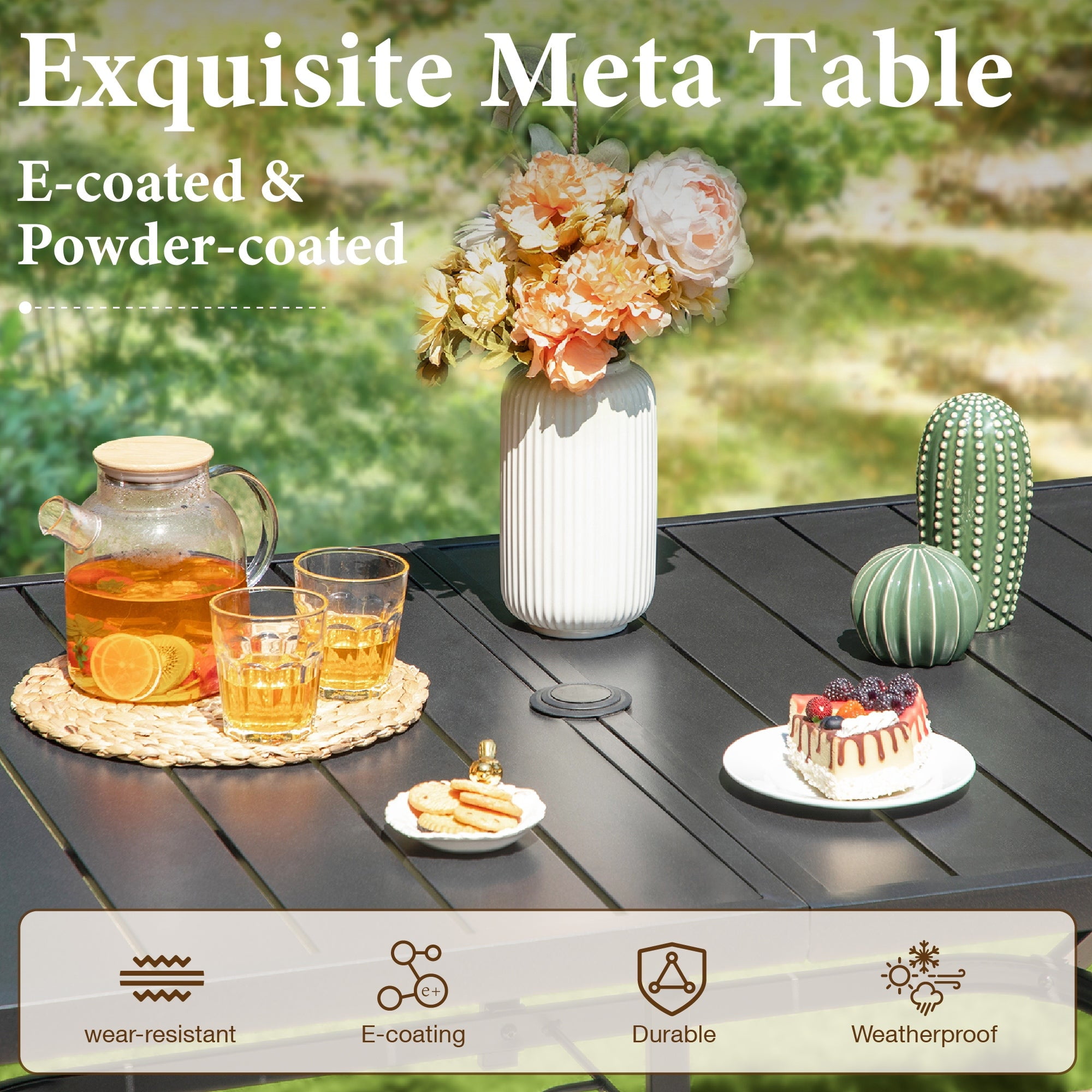 MF Studio 7-Piece Patio Dining Set, All-Weather Rattan Rope Swivel & Fixed Chairs and Rectangular Table with Umbrella Hole, Black and Beige
