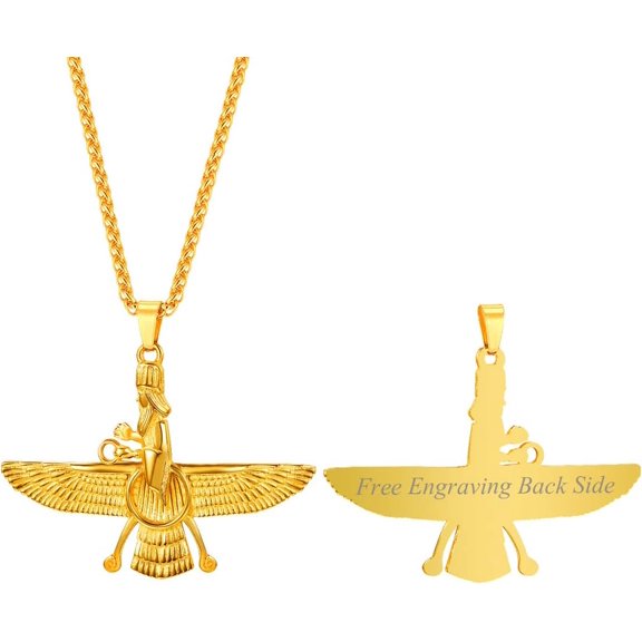 Farvahar Pendant Chain Stainless/Black Gun/18K Gold Plated Symbol Iran Persian Gift Necklace, Customizable