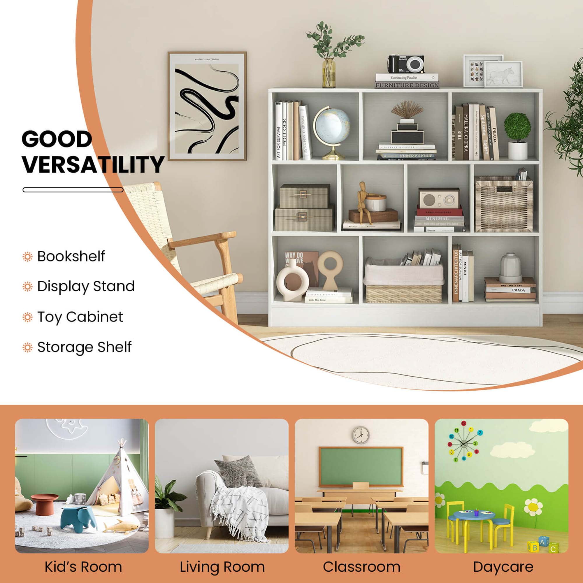 Costway 10-Cube Bookcase for Kids 41"Wooden Toy Storage Organizer for Kid’s Room White