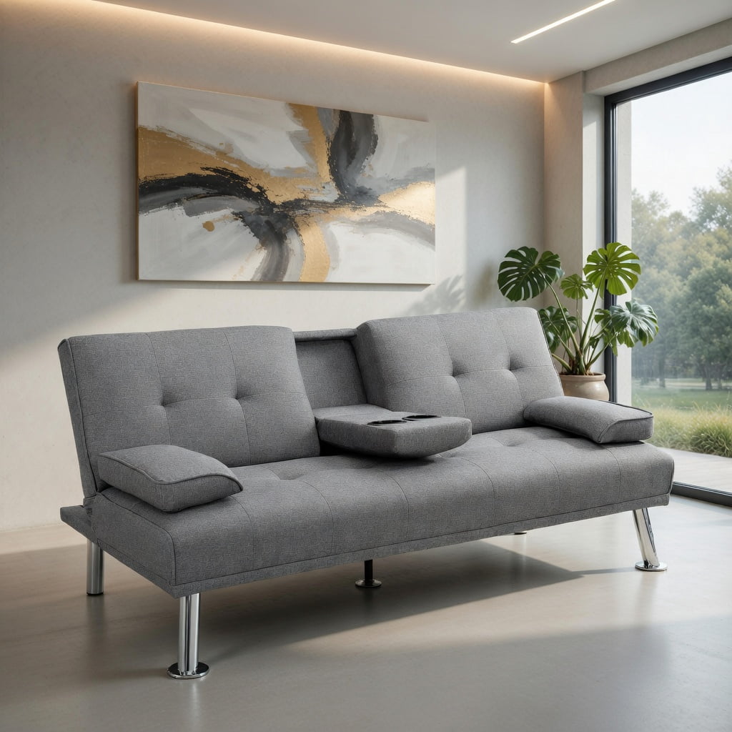 Demi Bonn Fold Sofa Bed Couch, Futon Sleeper Chair Guest Bed and Fold Out Couch, Convertible Folding Futon Sofa Bed Fabric with 2 Cup Holders, for Living Room, Bedroom, Light Gray