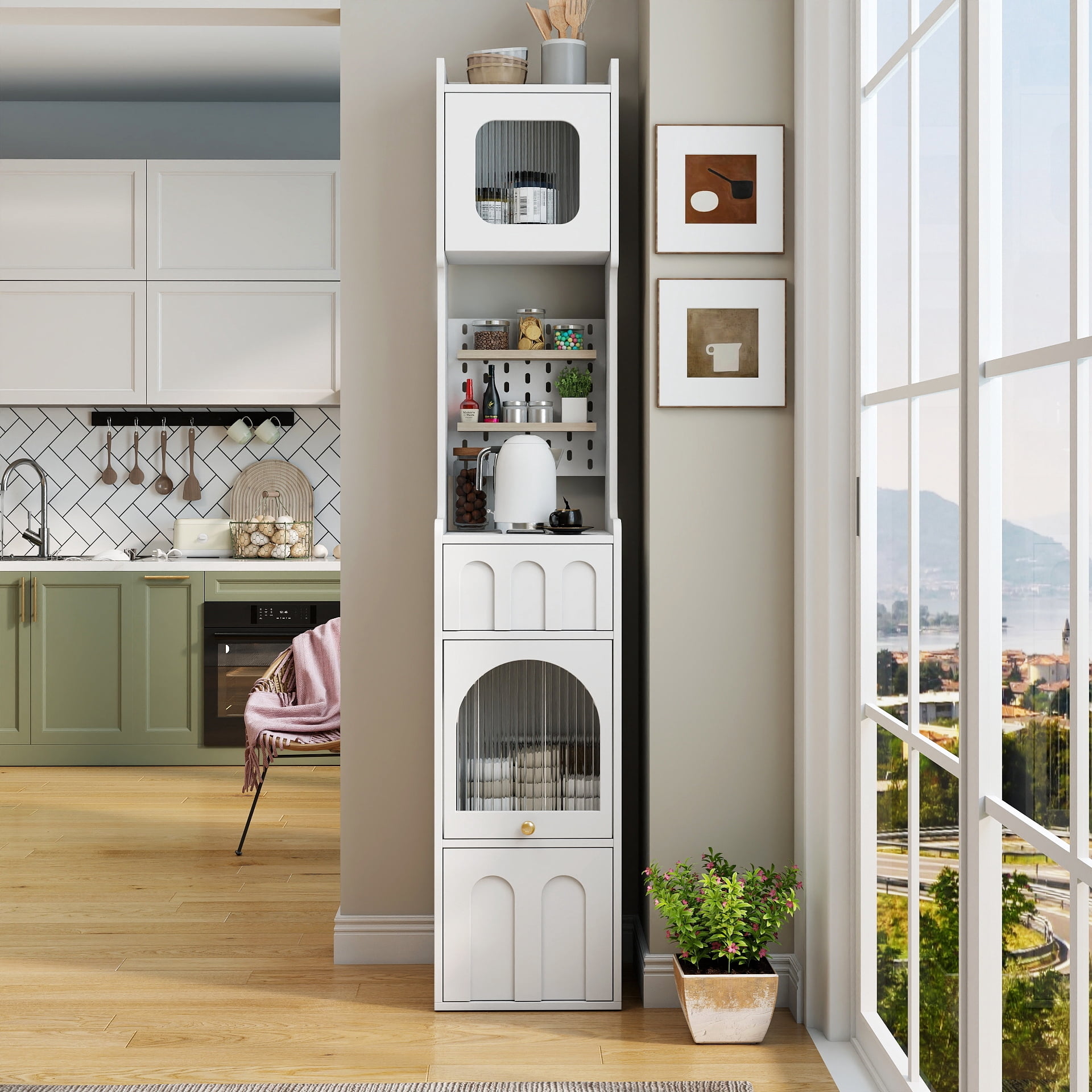 Tall Bathroom Storage Cabinet Narrow Unit with 2 Drawers Glass Door, White