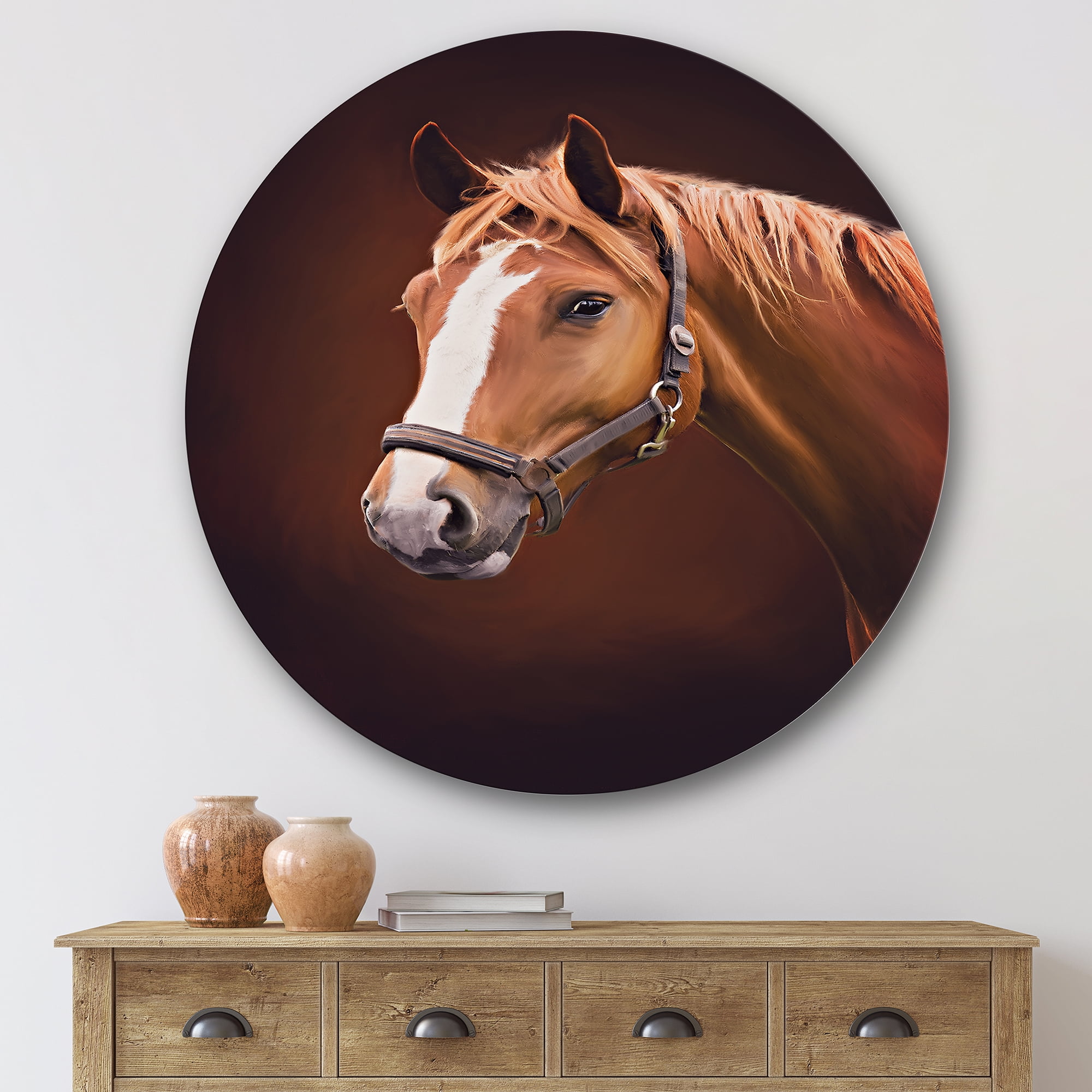 Designart 'Close Up Portrait Of Brown Horse With White Nose II' Farmhouse Circle Metal Wall Art 36x36 - Disc of 36