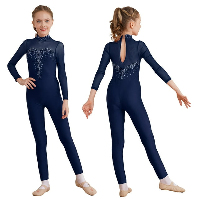 Loodgao Girls Shiny Rhinestone Dance Leotard Unitard Figure Skating Jumpsuit Full Length Athletic Biketard Navy Blue 10