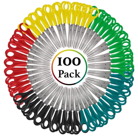 100 Pack of Bulk Wholesale 5 Inch Blunt Tip Kids Safety Scissors for School and Classrooms in Black, Red, Green, Blue and Yellow