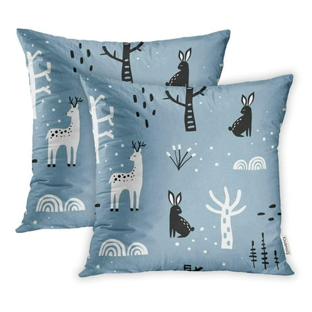 ECCOT Winter Forest Blue Black and White Deer Hare Plants Snow Trees Cute Cartoon Pillowcase Pillow Cover 20x20 inch Set of (Best Trees To Plant For Deer Cover)