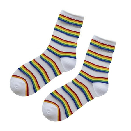 

Women Girls Summer Glass Fiber Mid Tube Socks Horizontal Rainbow Stripes Mesh Splicing Personality Thin Casual Hosiery