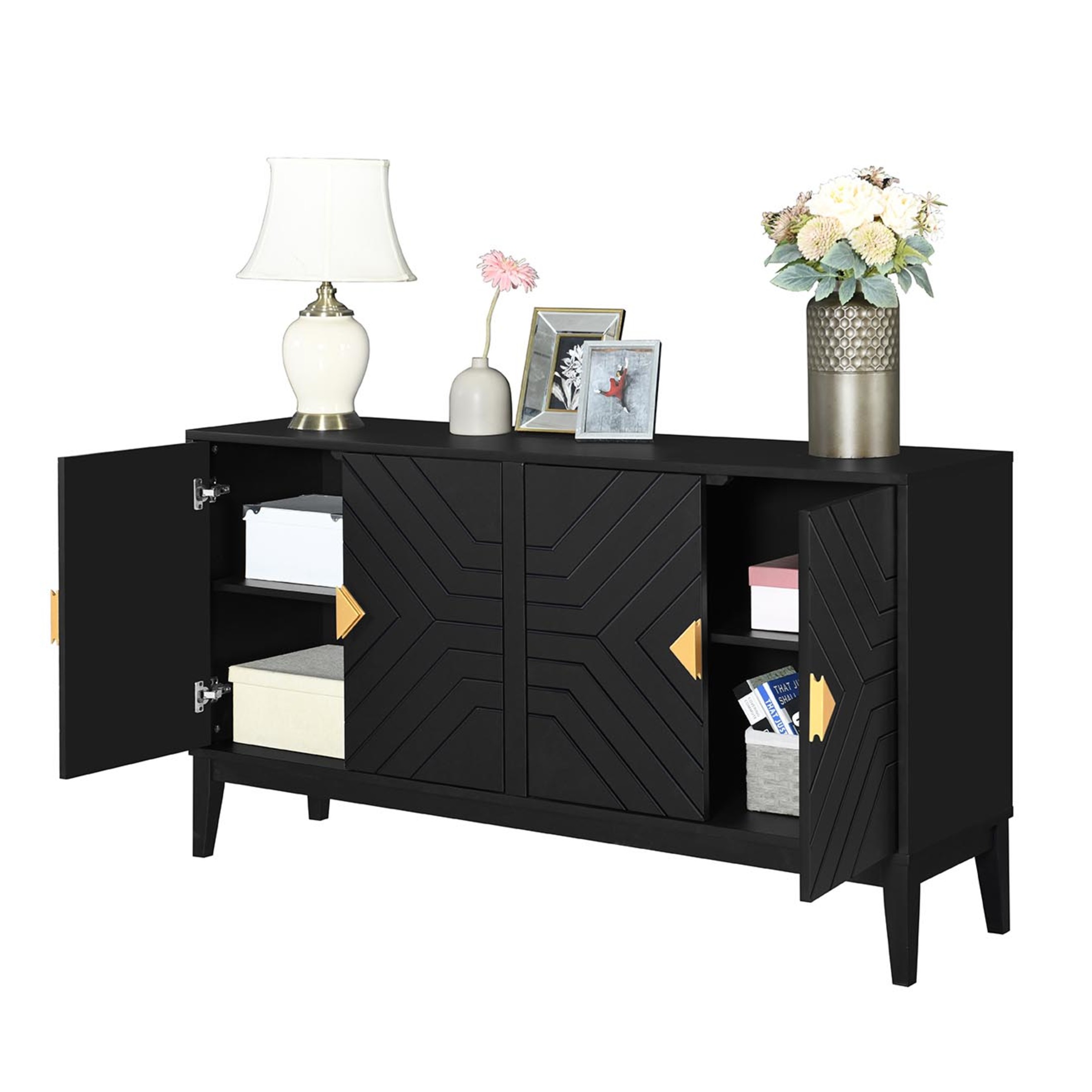 Nocle House Farron Modern 4-Door Storage Cabinet with Adjustable Shelves, Rubberwood, Black + Gold