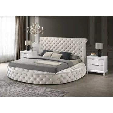 3pc Glam Queen Tufted Headboard Upholstered Storage Round Bed 2x Nightstand Set Ivory