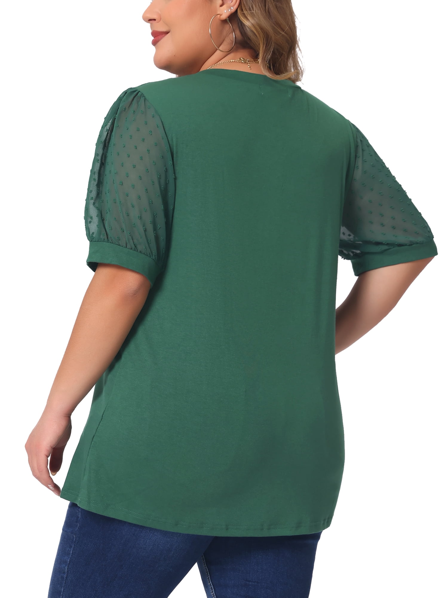 Women's Plus Tops V Neck Swiss Dots Puff Sleeve Casual Blouse Shirt 2X Green