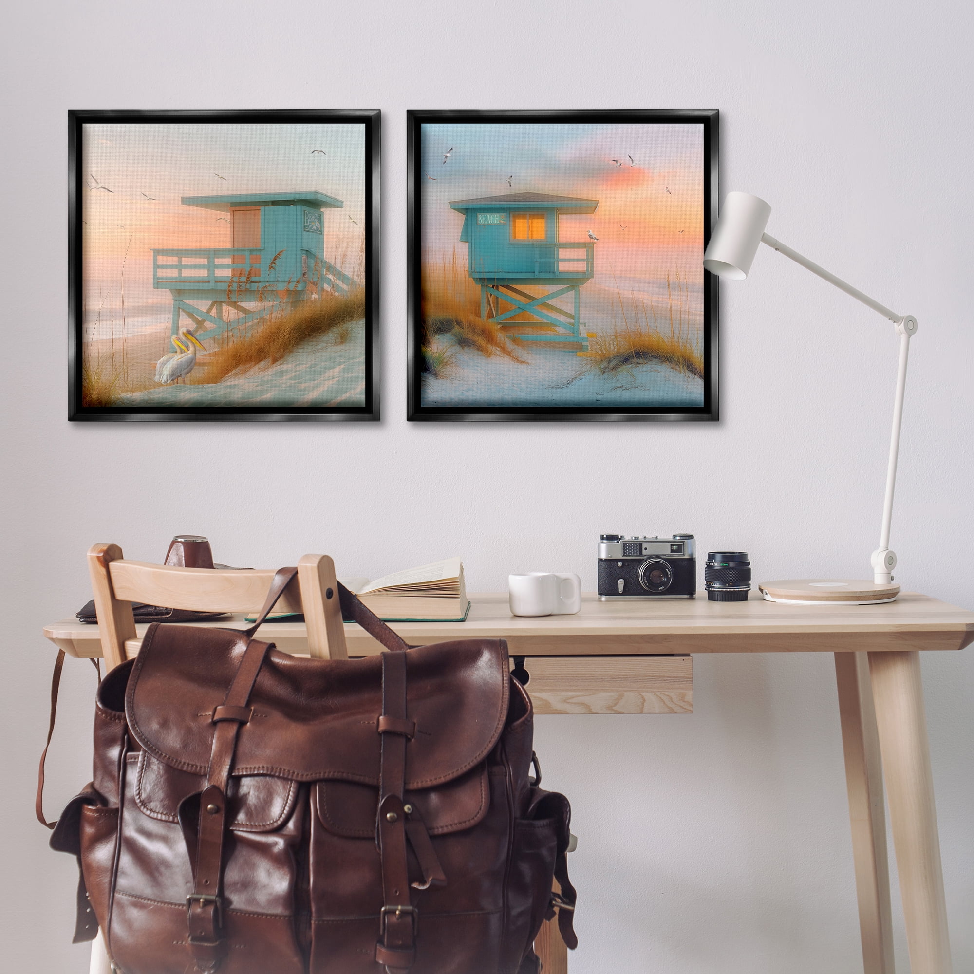 Stupell Industries Lifeguard Beach Hut Pelicans Nautical & Beach Painting Black Floater Framed Canvas Art Print Wall Art, 25 x 25, Set of 2