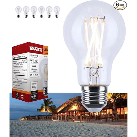 Satco S12150 LED A19 Light Bulb 8W 120V  Warm Dimming 3000K-2000K 800 Lumen E26 Medium Base (6 Pack)