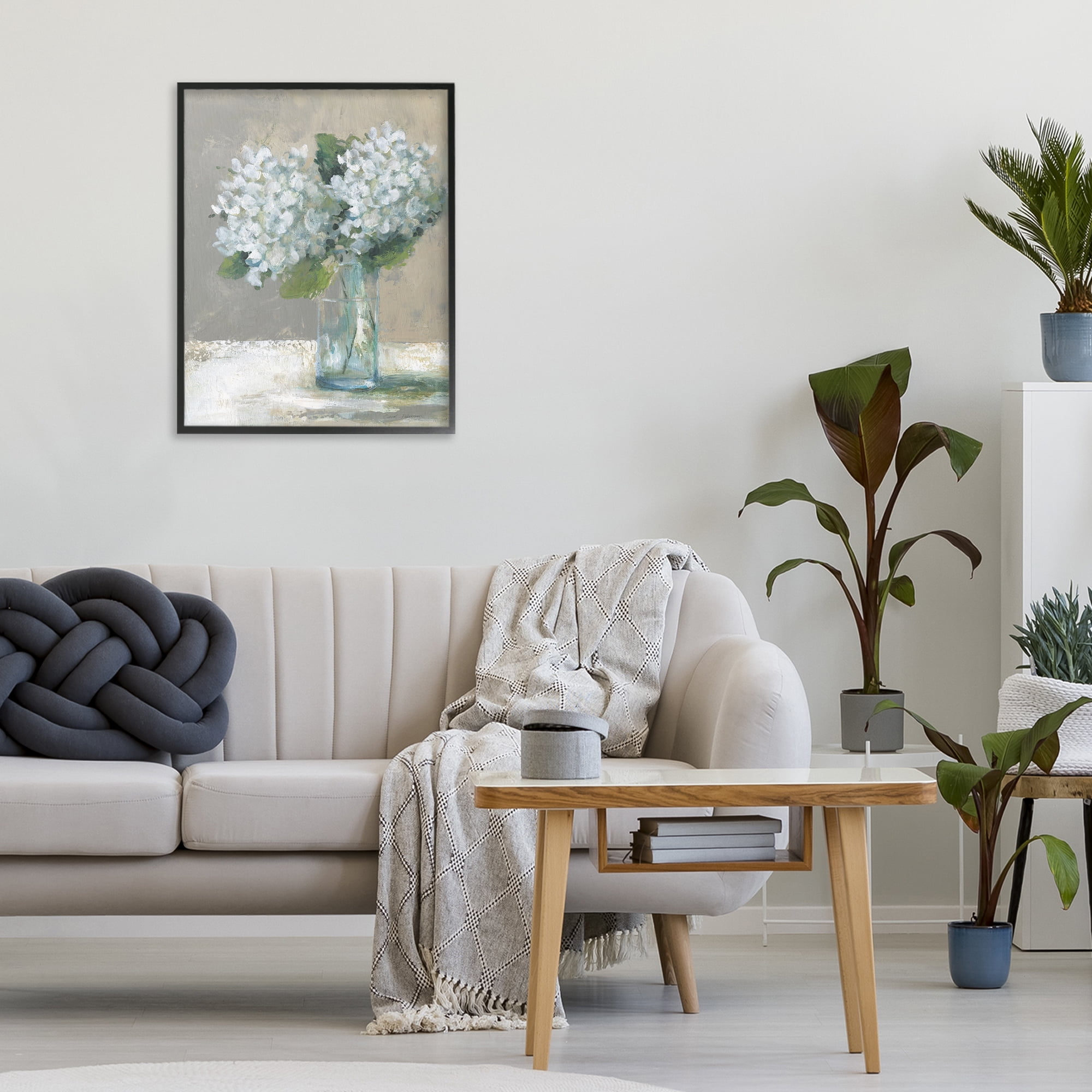 Stupell Industries White Hydrangeas Glass Vase Black Framed Giclee Art, design by Carol Robinson