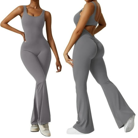TQWQT Womens Flare Jumpsuits Tummy Control Backless Unitard Full One Piece Workout Yoga V Neck Sleeveless Bodysuit Playsuit Gray XL