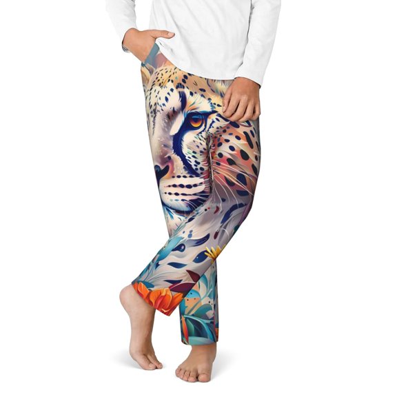 Gukieu Vibrant Leopard In Flowers Print Youth Home Trousers, Elastic Waistband with Pockets for Home and Outing, Suitable for Children Aged 5-16-XS(5-6)