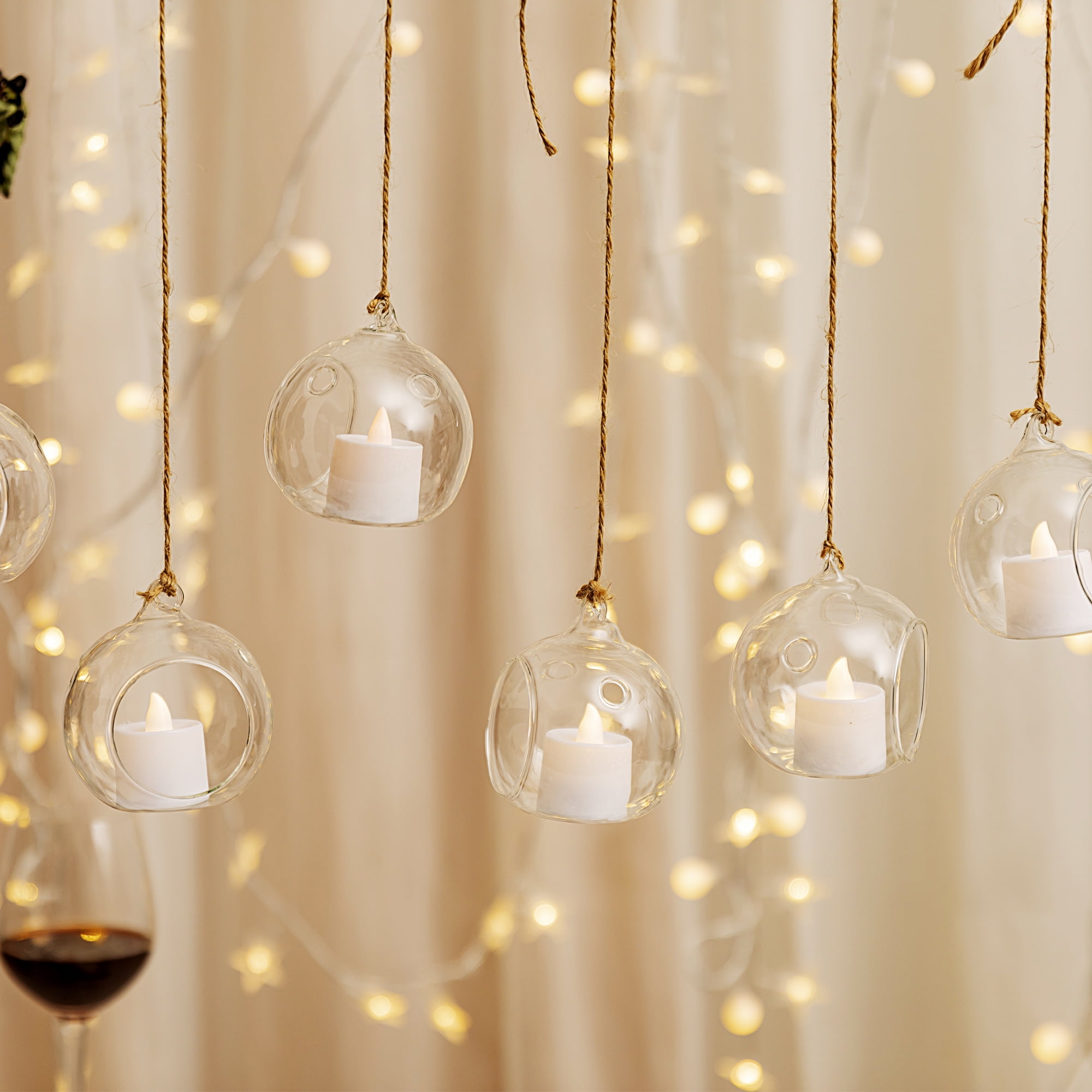 18 Pcs Hanging Glass Tealight Holders, 3.15"/8cm Led Light Candleholders Mini Home Decor