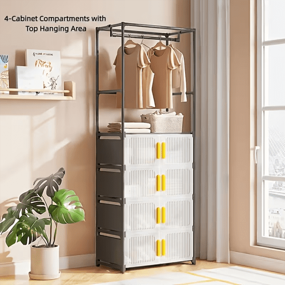 Modular Clothes Storage Cabinet with Top Hanging Area, Foldable Plastic Closet Organizer Unit, Freestanding Garment Rack for Bedroom Home Organization