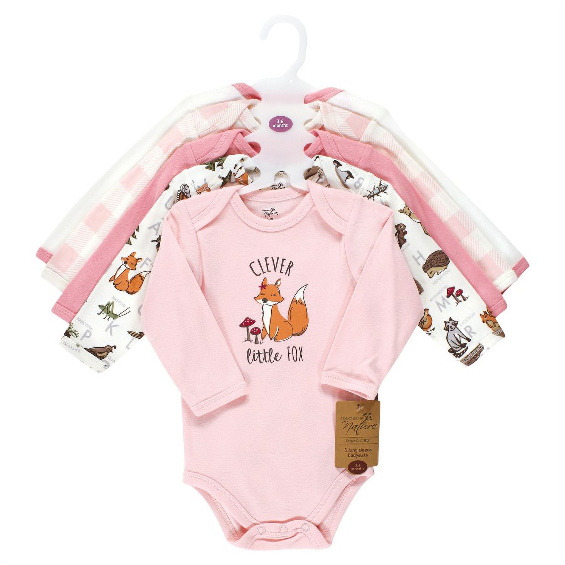 Touched by Nature Infant Girl Organic Cotton Long-Sleeve Bodysuits, Girl Woodland Alphabet 5-Pack, 0-3 Months
