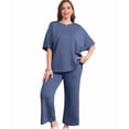 thumbnail image 4 of Two Piece Sets for Women Summer Outfits Wide Leg Crop Pants Lounge Sets Beach Vacation Clothes Navy Blue XXL, 4 of 9