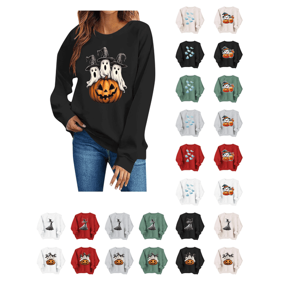 Busydd Womens Halloween Sweatshirts Trendy Round Neck Print Graphic Sweatshirt Casual Cotton Long Sleeve Fall Sweatshirt S