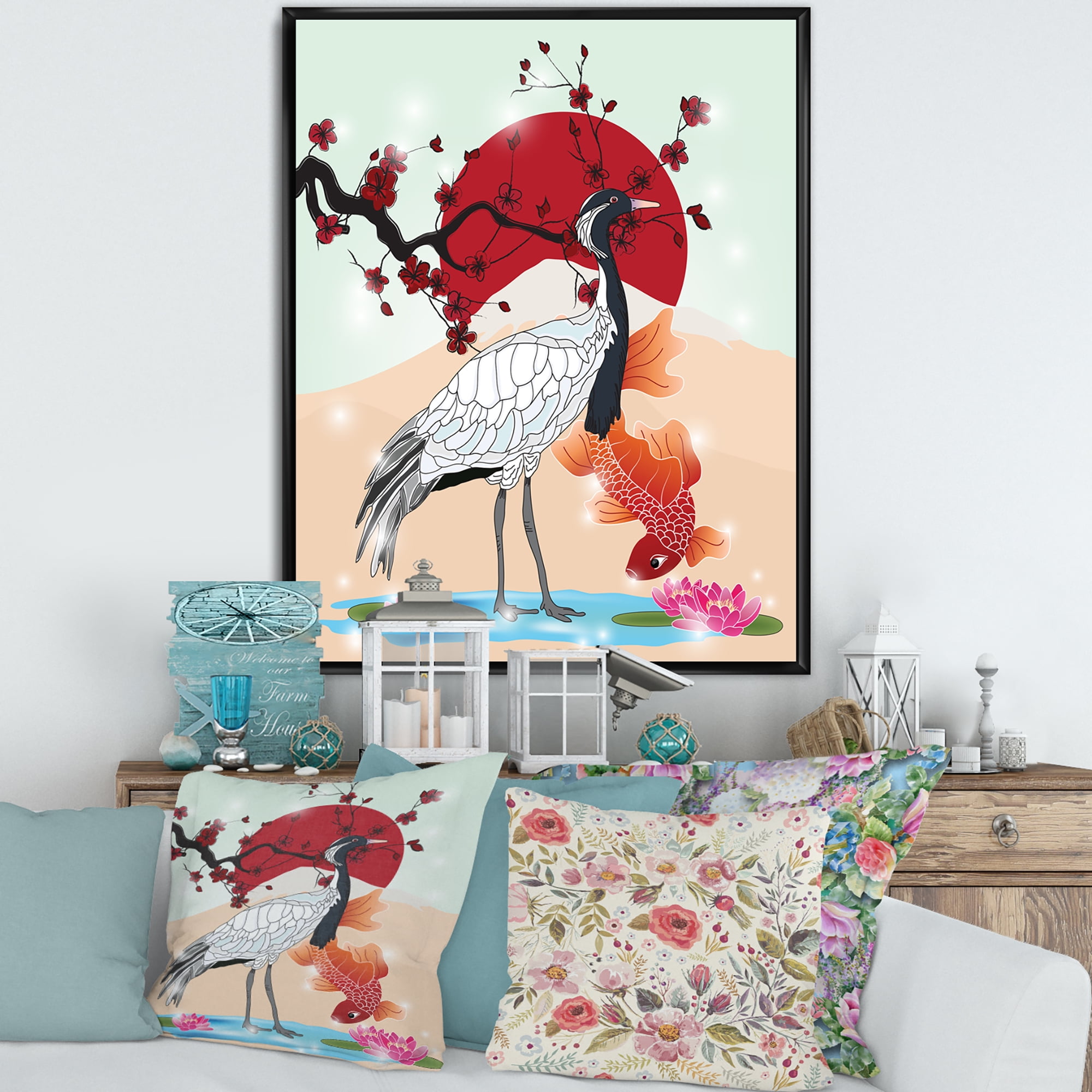 Koi Fish With Crane Bird 24 in x 32 in Framed Painting Canvas Art Print, by Designart