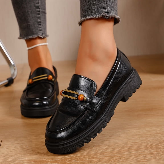 KEVCHE Womens Retro Metal Buckle British Style Flat Loafers, Penny Platform Chunky Loafers Slip-Ons with Gold Buckle, Comfortable Casual Shoes for Women