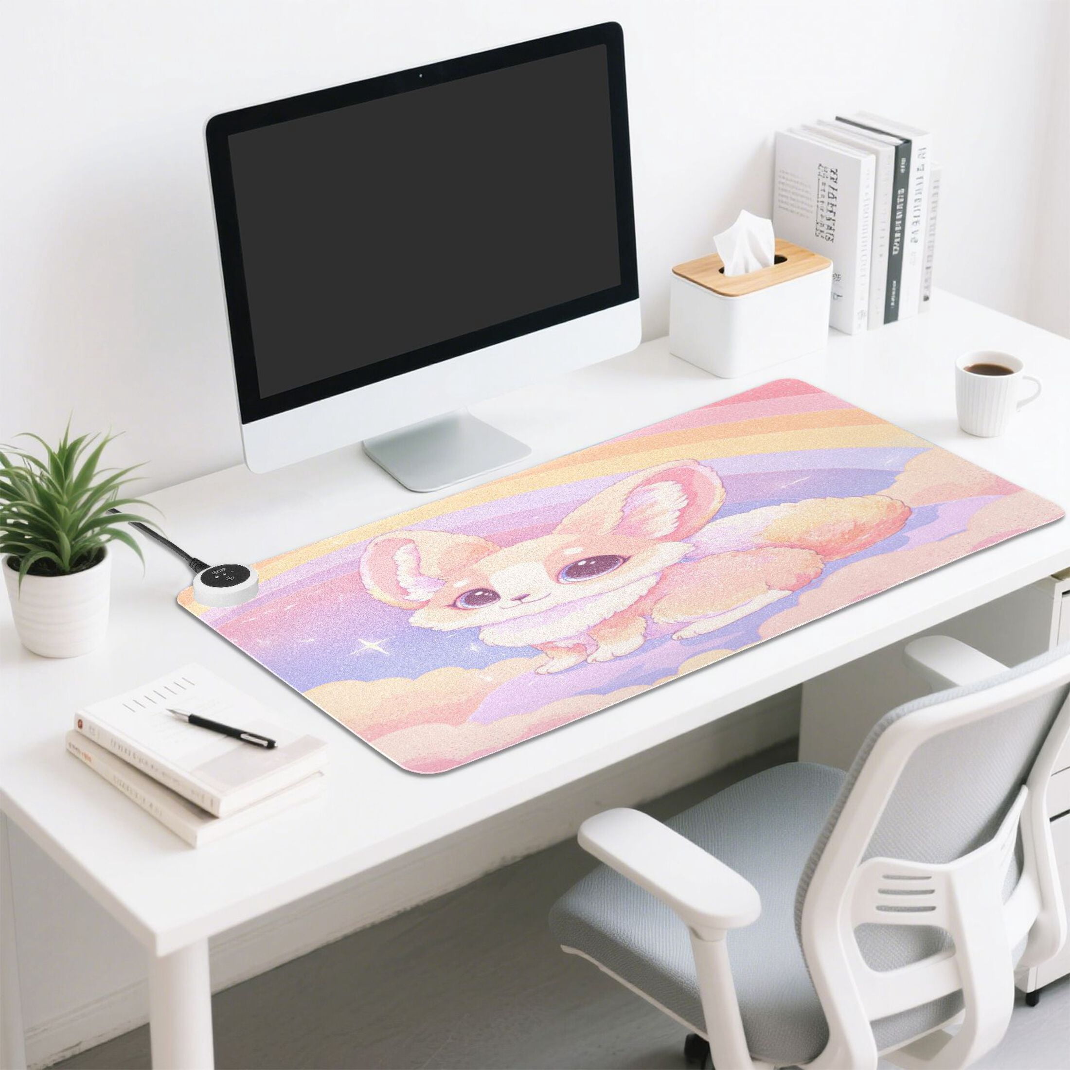 Large Heated Desk Mat Mouse Pad 31.5"x13"PU Leather Graphene Heating Desk Warmer with 3 Temperature Settings 110V US Plug Non-Slip Warm Pad for Home, Office, and Gaming Dreamy Cloud Fox Illustration