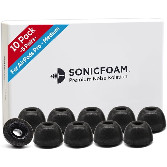 SONICFOAM (SF-AIR Medium Black) Airpods Pro 1 & 2 Replacement Memory Foam Earbud Tips - 10 Pack / 5 Pairs