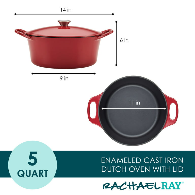 Rachael Ray Enameled Cast Iron Dutch Oven Casserole Induction Pot with Lid,  5 Quart, Red 