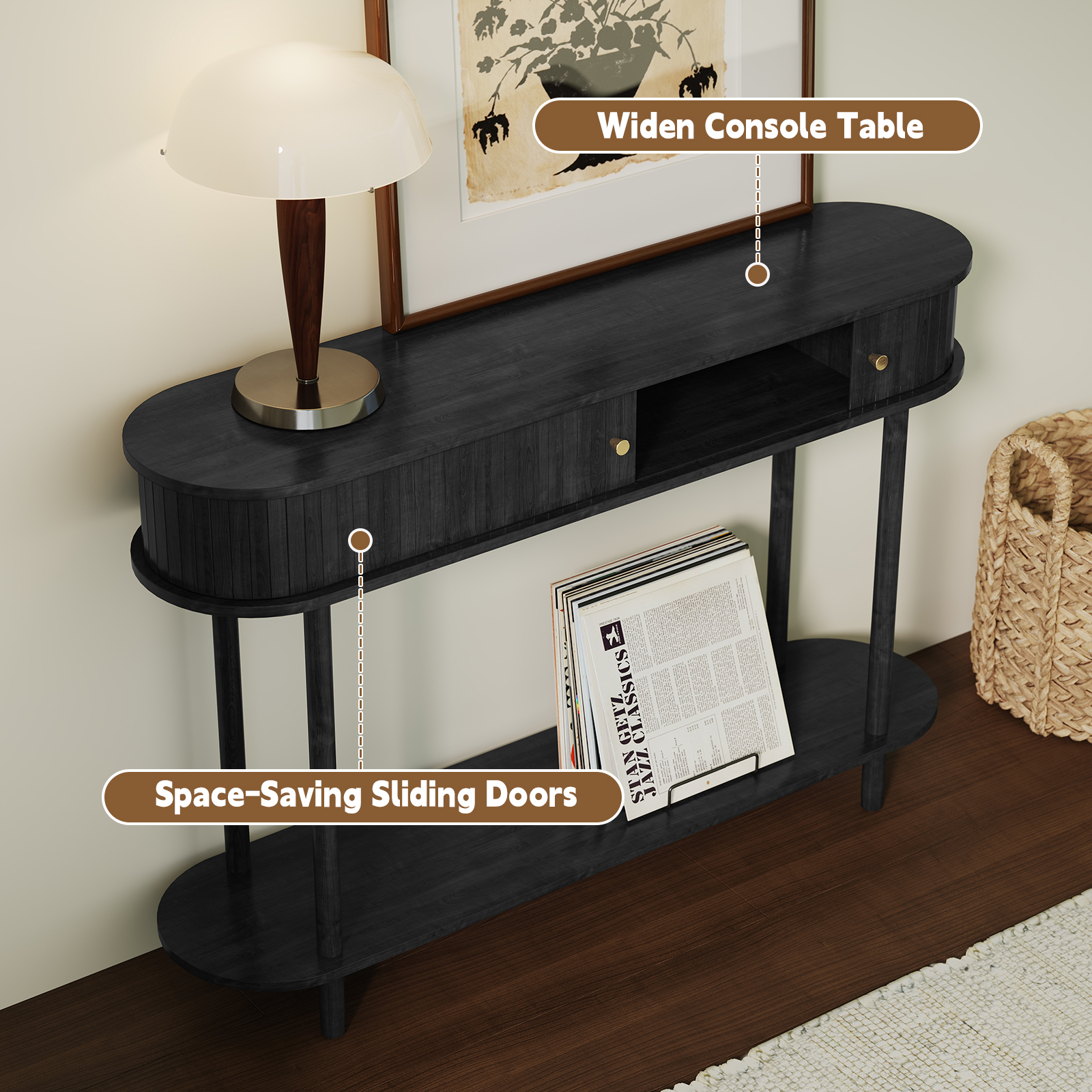 HLR Mid Century Sofa Entryway Table, Console Table with Tambour Sliding Door for Living Room Hallway, Black
