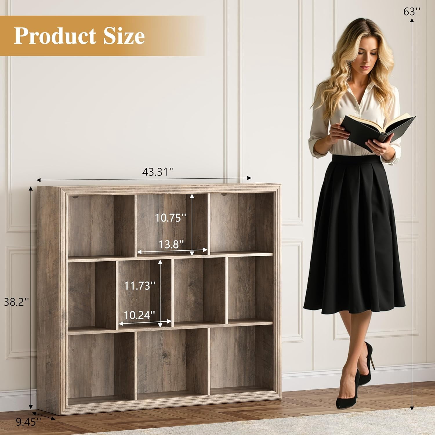 PUFFCAFE Book Shelf with 10-Cube,3 Tier Open Book Cases,Floor Standing 38" Tall bookshelf,Wooden Display Shelves,Gray Bookcase
