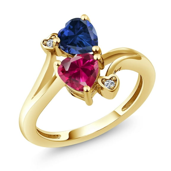 Gem Stone King 18K Yellow Gold Plated Silver Blue Created Sapphire Red Created Ruby and White Moissanite Ring for Women (1.79 Cttw, Heart Shape 6MM, Gemstone September Birthstone, Size 7)