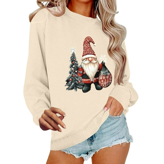 Makaor Sweatshirt for Women Long Sleeve Christmas Crew Neck Tops Santa Graphic Pullover Tees Fleece Cute Vacation Clothes