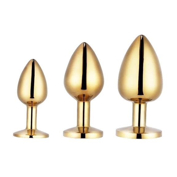 Gold Metal Anal Butt Plug Stainless Steel 3-Sizes Beginner Blue Round Jewel End