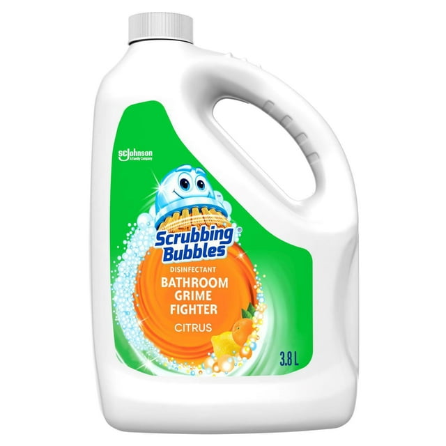 Scrubbing Bubbles disinfectant bathroom cleaner in a white 3.8L jug with citrus scent label