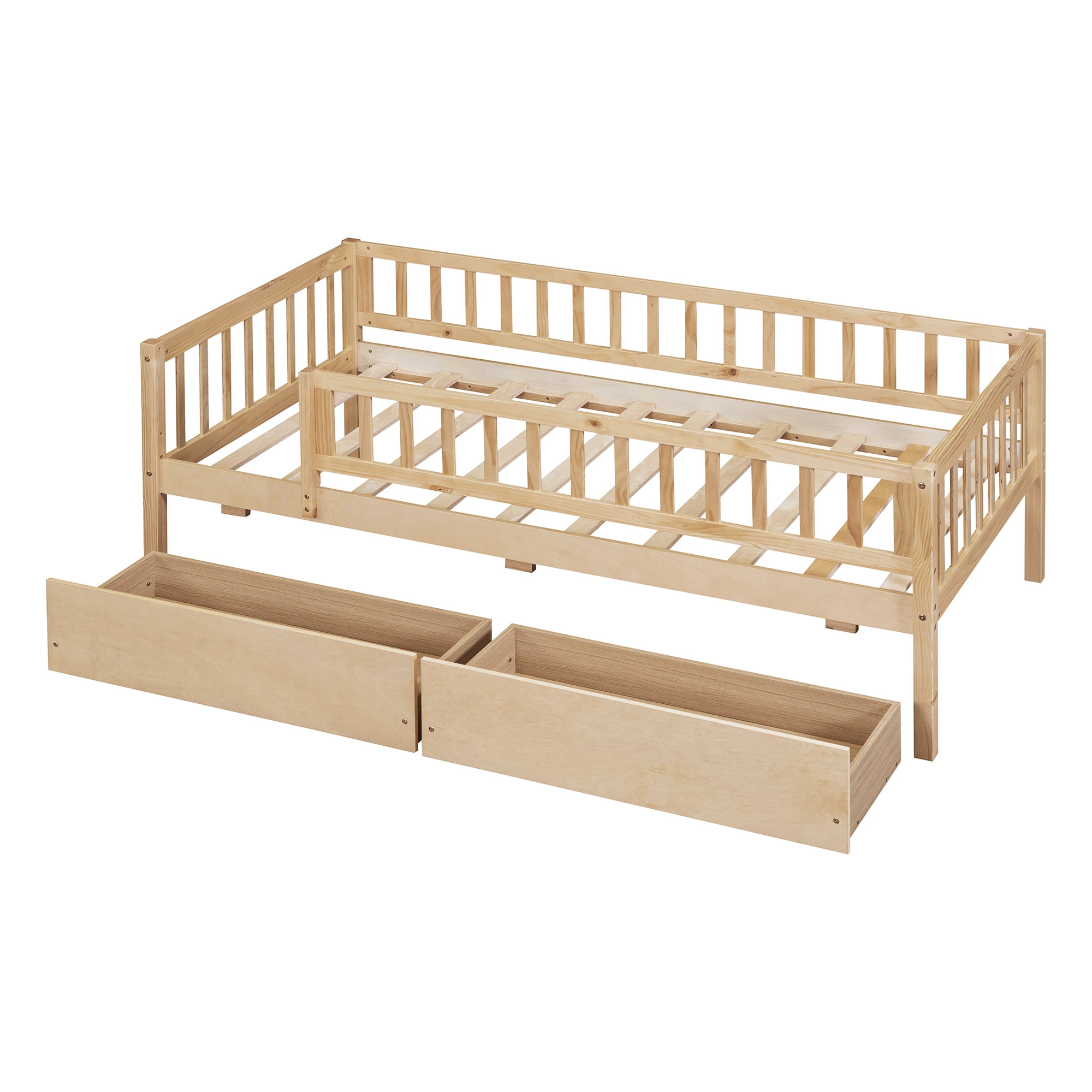 Holaki Twin Size Wood Bed with Guardrails and 2 Storage Drawers for Kids, Natural
