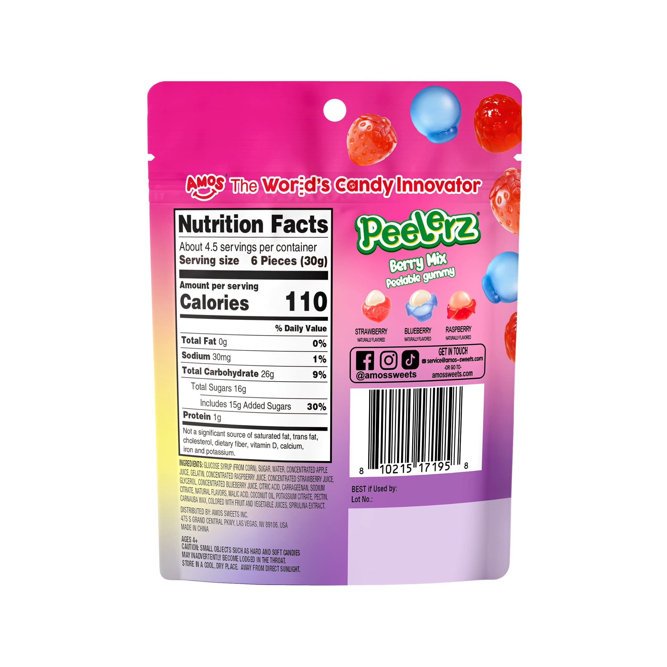 AMOS Peelerz Berry Mix Gummy Candy, Gluten, Milk and Nut Free, 5 oz Bag